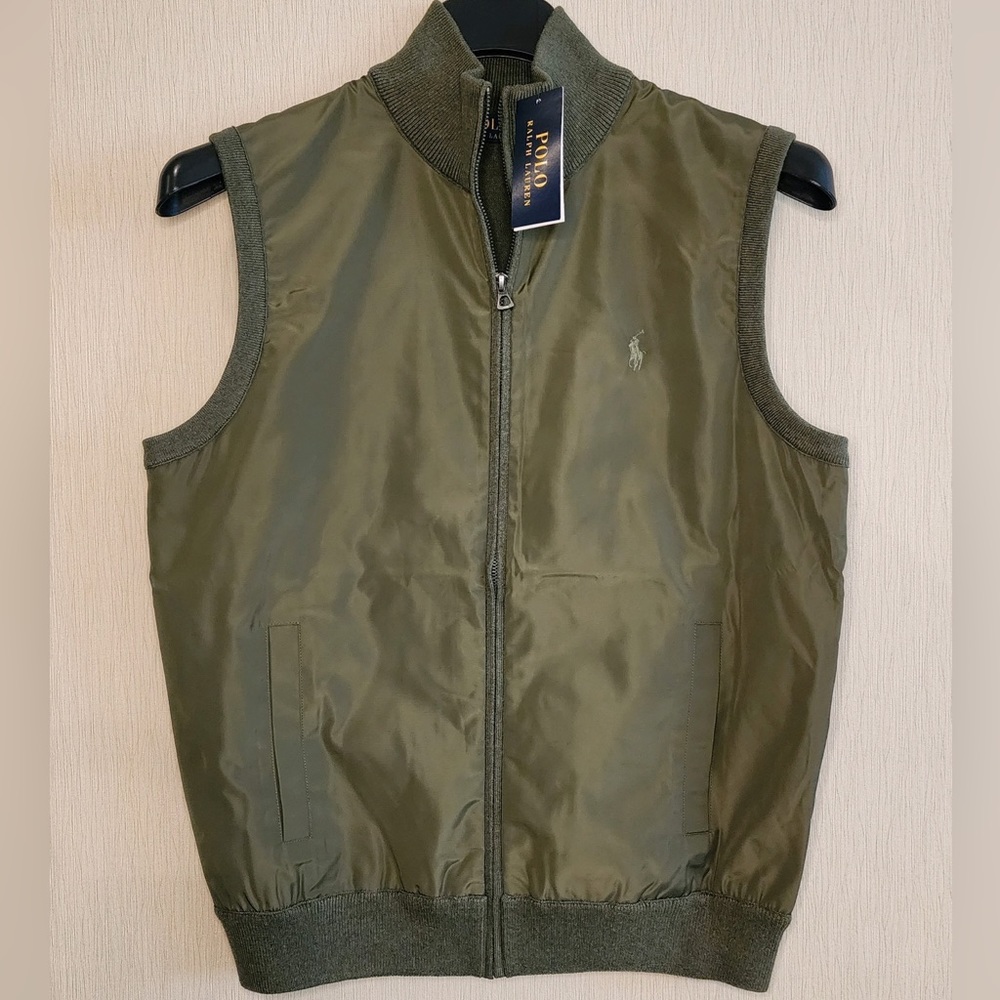 Polo Ralph Lauren Men's Olive Woven Knit Fully Lined Zipper Front Hybrid Vest - Picture 4 of 13
